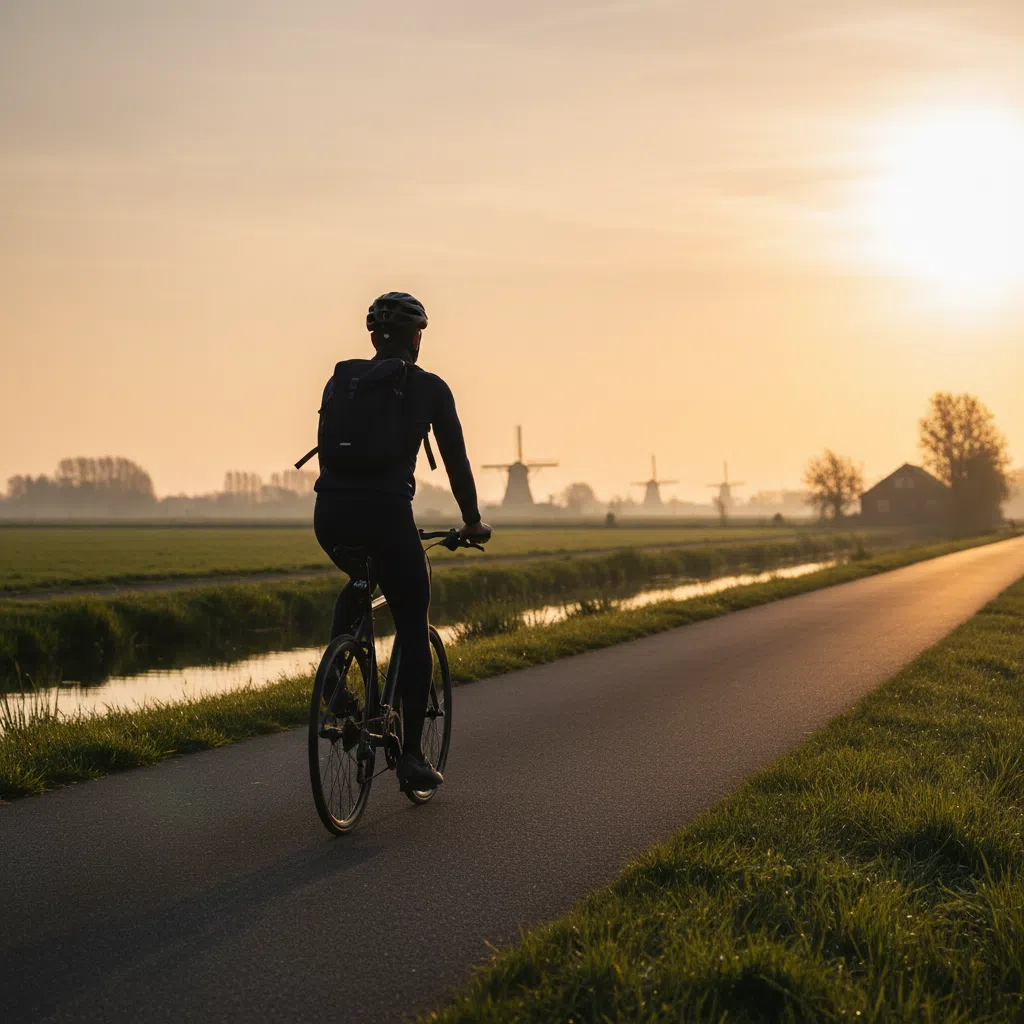 Anoniem silhouet van een man die fietst op een Nederlands fietspad bij zonsopkomst